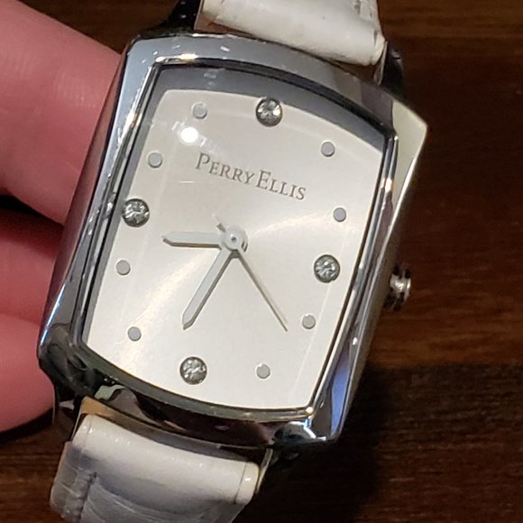 Perry Ellis White Leather Band Silver Rectangle Face Diamond Accent Wrist Watch - Picture 1 of 15